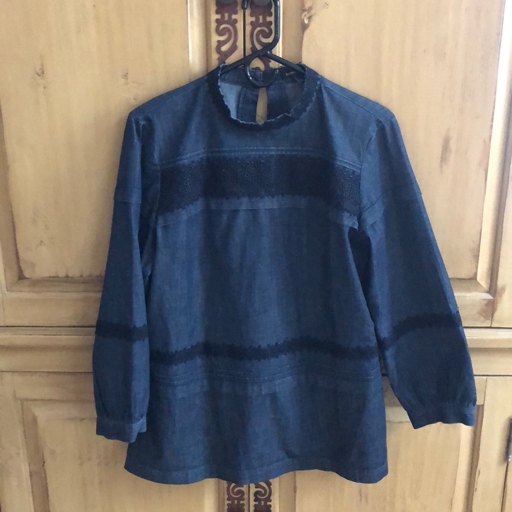 Chambray pintuck and lace top